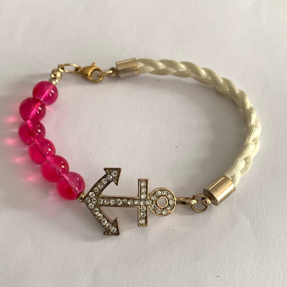 Gold Anchor Bracelet with Pink Beads